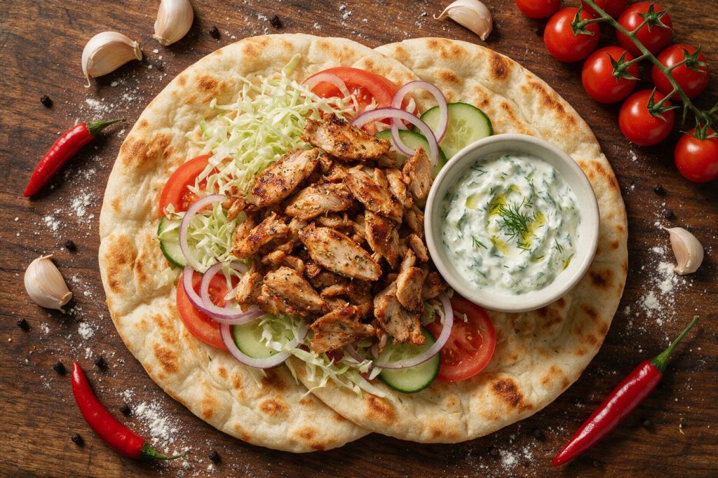 AI-generált illusztráció: gyros tál lepénnyel, zöldségekkel és tzatzikival