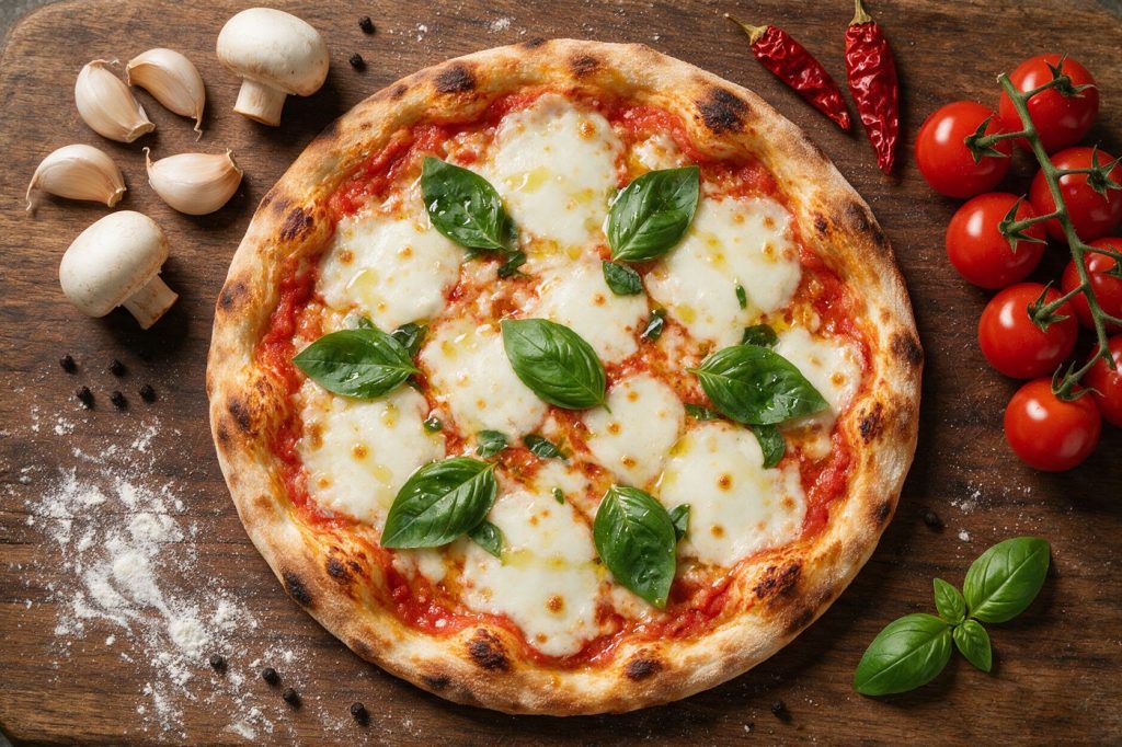 AI-generált illusztráció: vékony tésztás olasz pizza mozzarellával és bazsalikommal
